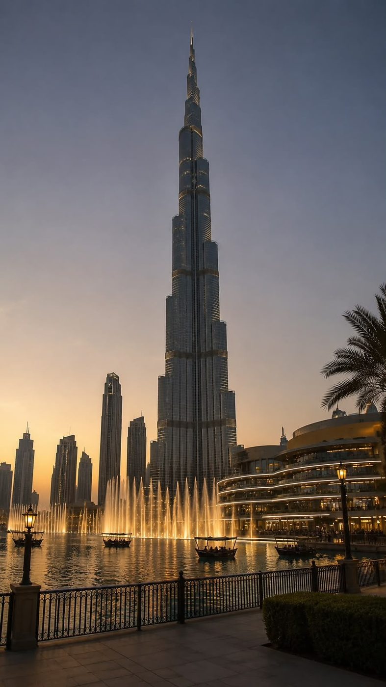 Burj Khalifa y las fuentes al atardecer