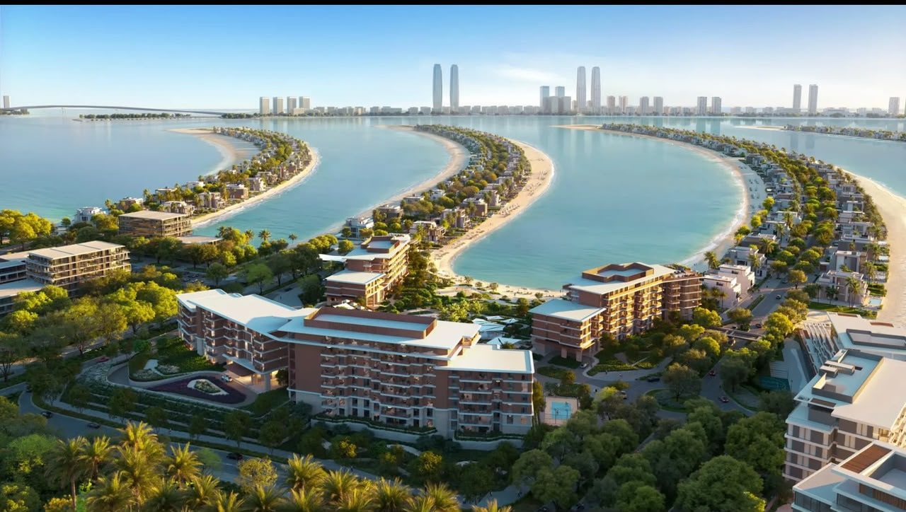 Vista aérea de Palm Jebel Ali con el skyline