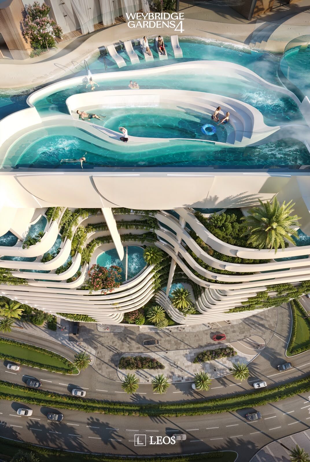 Vista aérea de las piscinas y la fachada