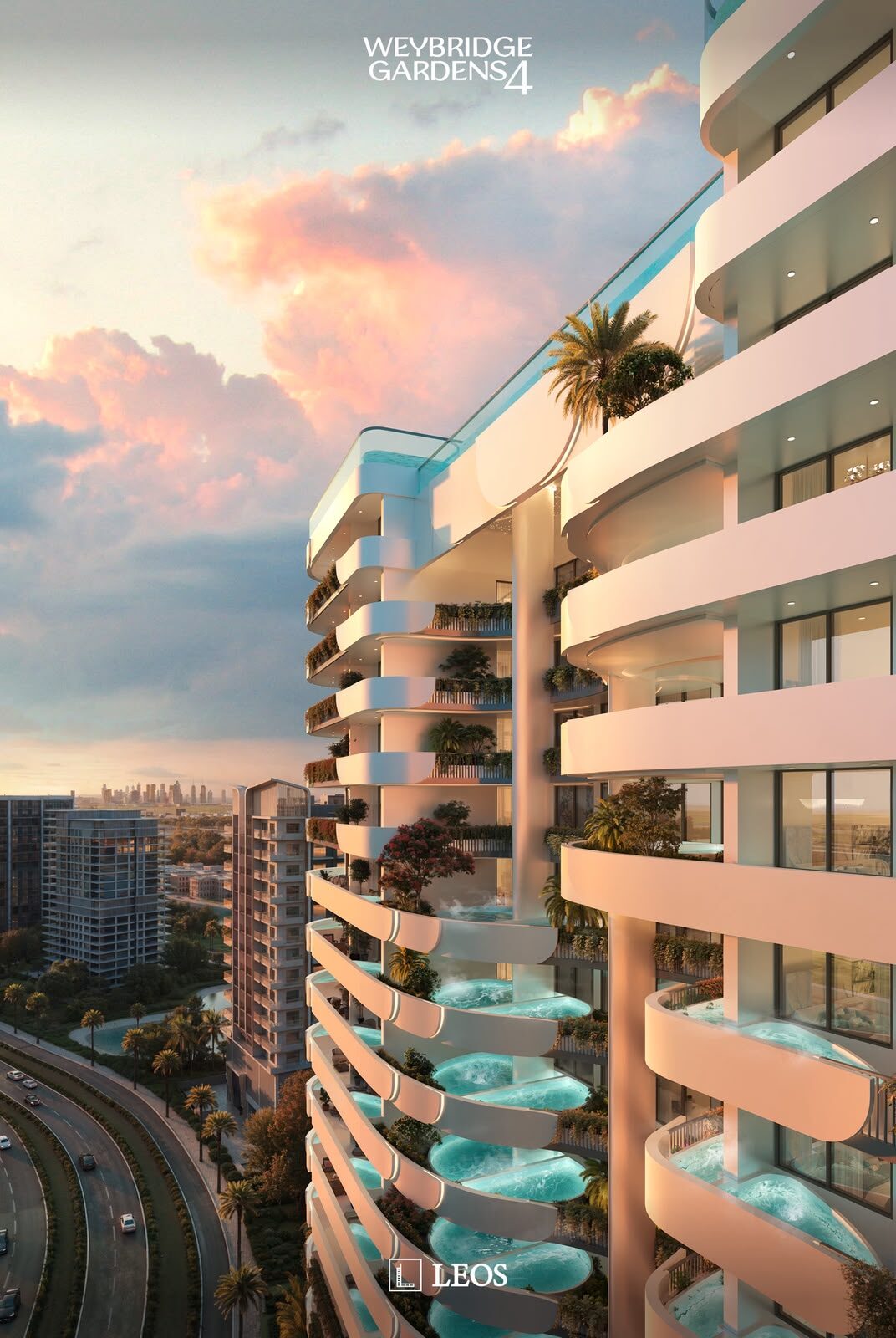 Fachada con piscinas privadas en los balcones