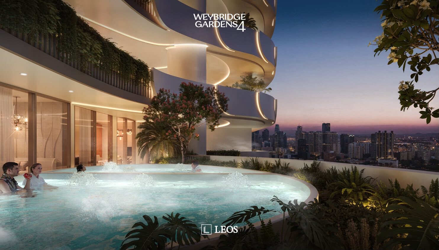 Jacuzzi en terraza con vista al skyline de noche