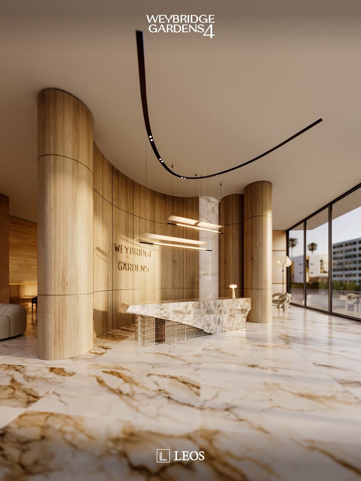 Lobby en madera y mármol
