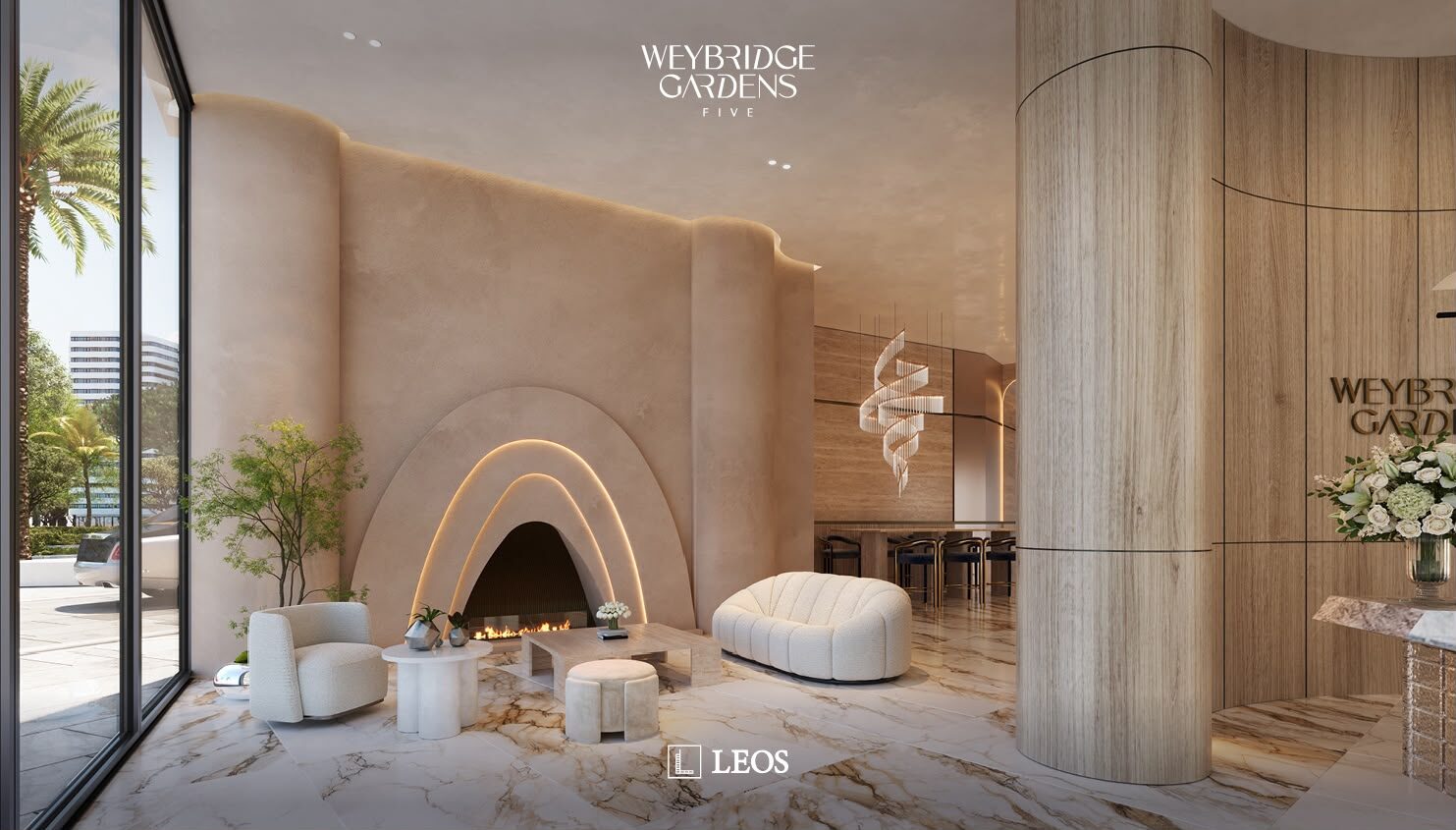 Lobby con chimenea escultórica